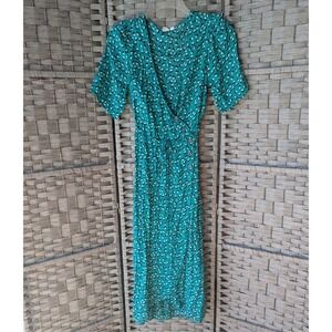 Gap Teal Green Mini Floral Wrap Midi Dress Short Sleeve Sz L Cottagecore Boho